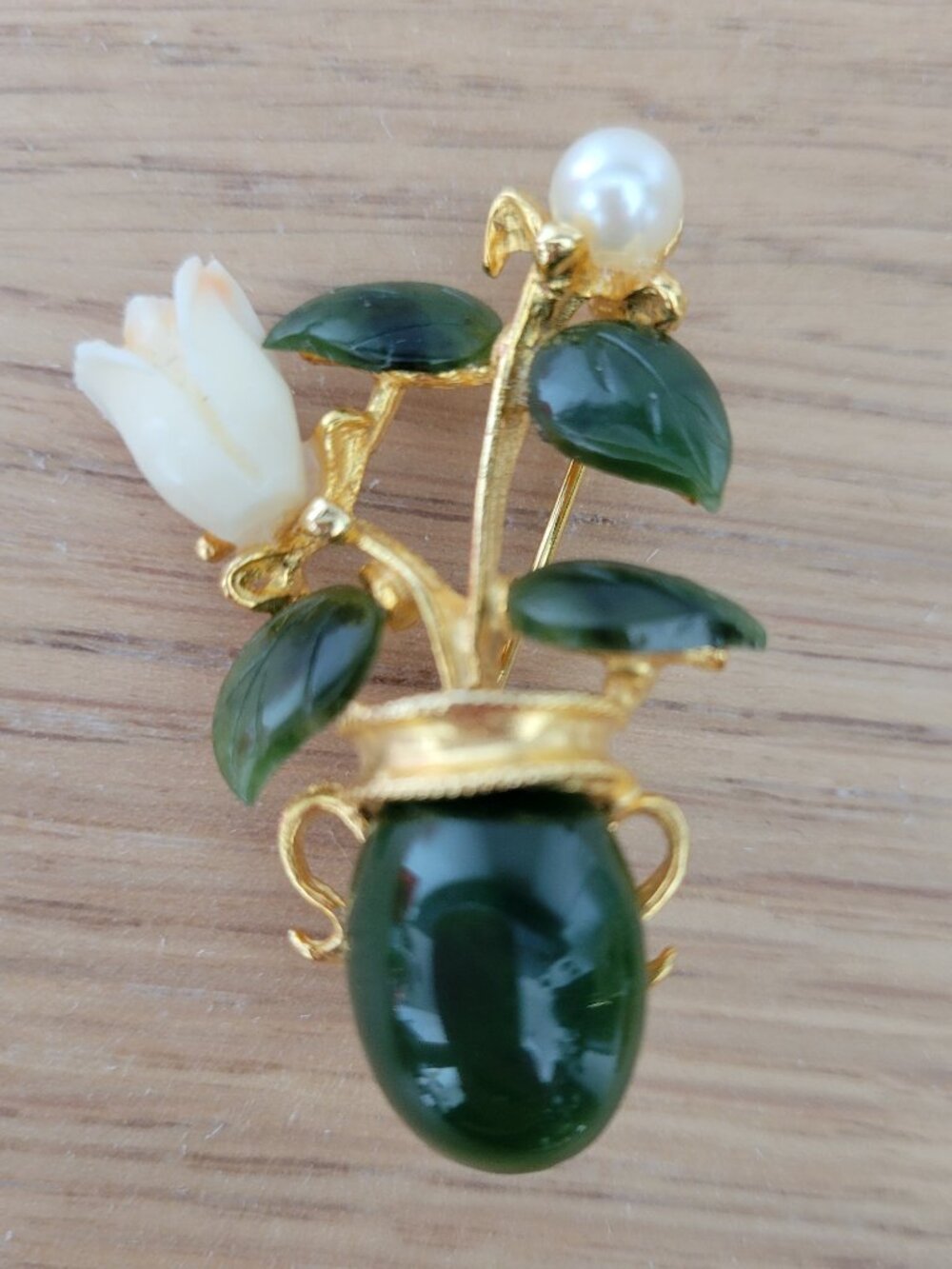 Vtg SWOBODA Carved Coral, Jade & Pearl Gold Leaf Brooch Pin Unsigned Flower Pot